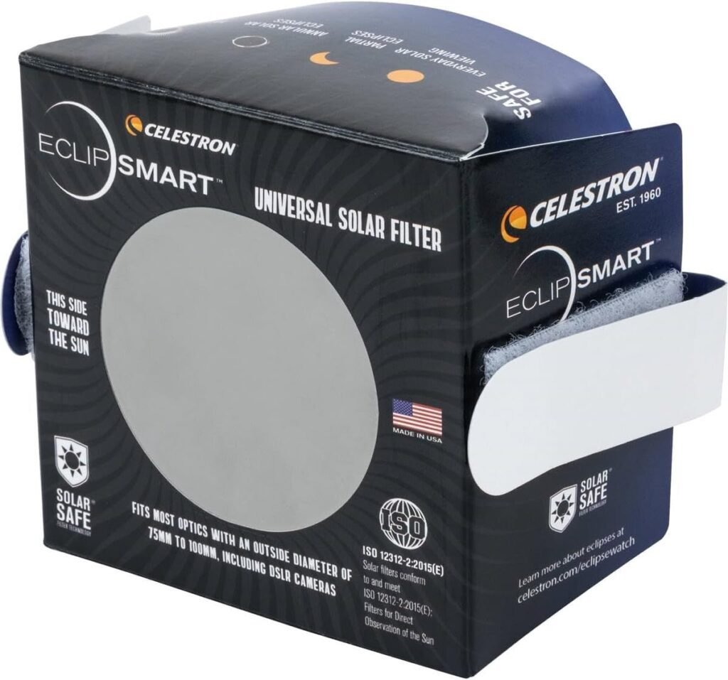 Celestron – EclipSmart Safe Solar Eclipse Filter, Ultraviolet – Meets ISO 12312-2:2015(E) Standards – Works with Your Telescope, Spotting Scope/DSLR Camera-Observe/Photograph Eclipses/Sunspots Safely